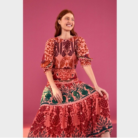 Farm Rio Ainika Print Macaws 3D Flower Apliques Maxi Skirt - Picture 11 of 12